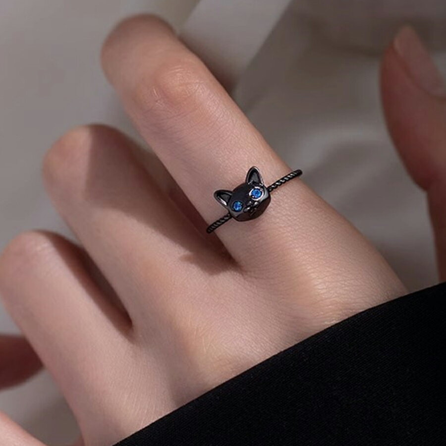 Rakuten - ブルーアイキャットオープンリング 3D猫 ブラック ワンポイント おしゃれ かわいい レディース 送料無料 Mimi みみミミ ar107