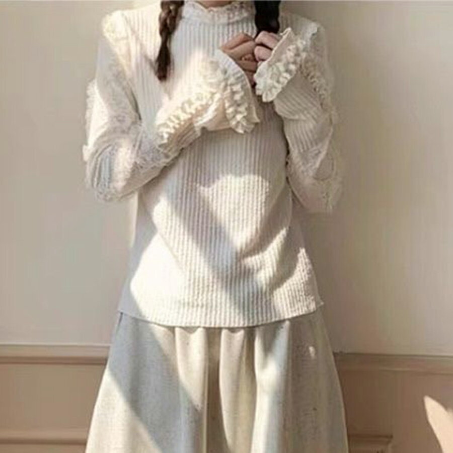 レース切り替えデザインカットソー 透け感 おしゃれ 重ね着 着回し 春秋冬 レディース 送料無料 Mimi ..