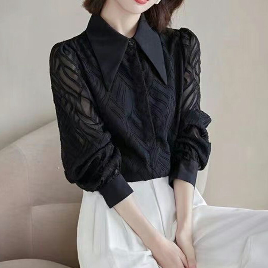 Rakuten - リーフ柄立体模様シフォンブラウス ブラック 袖シアー素材 透け感 おしゃれ 重ね着 着回し 春夏秋冬 レディース 送料無料 Mimi みみミミ bs094