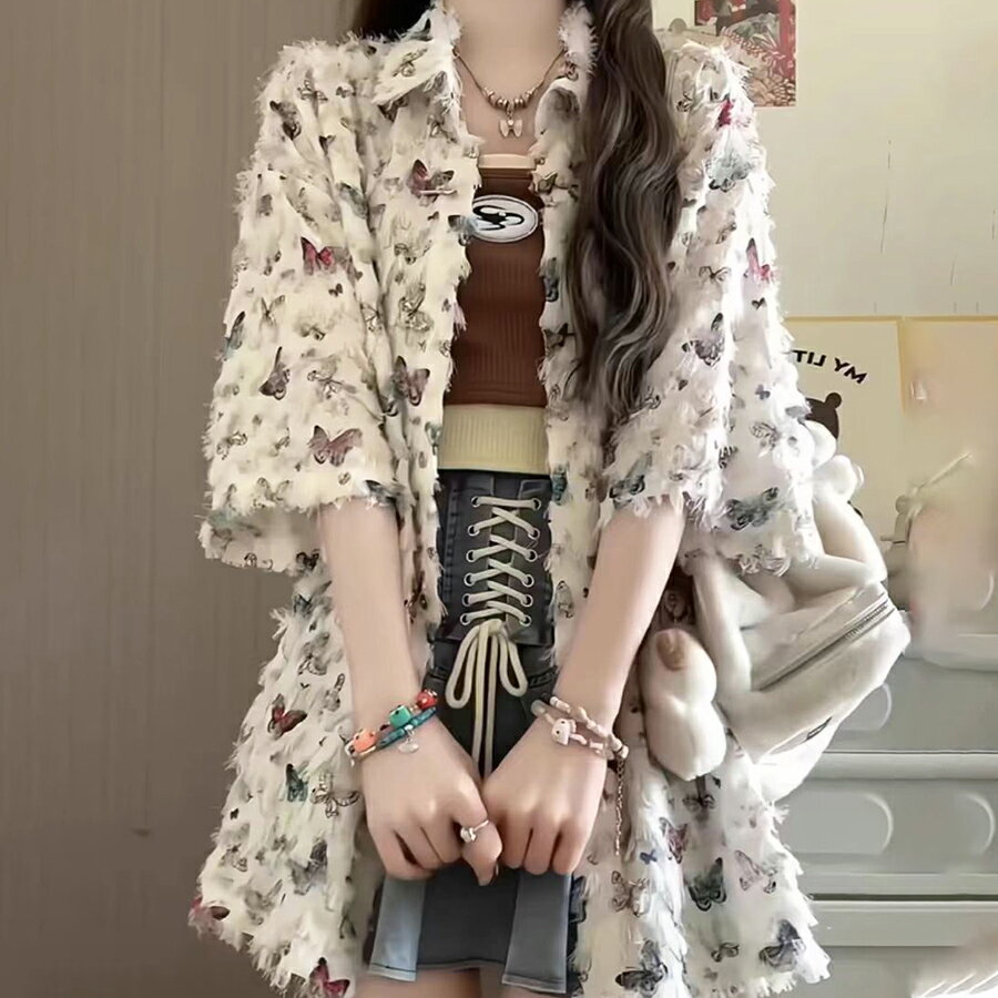 半袖バタフライシャギーシャツ フリンジ加工 個性的 おしゃれ 着回し 春夏 レディース メンズ ペア 送..