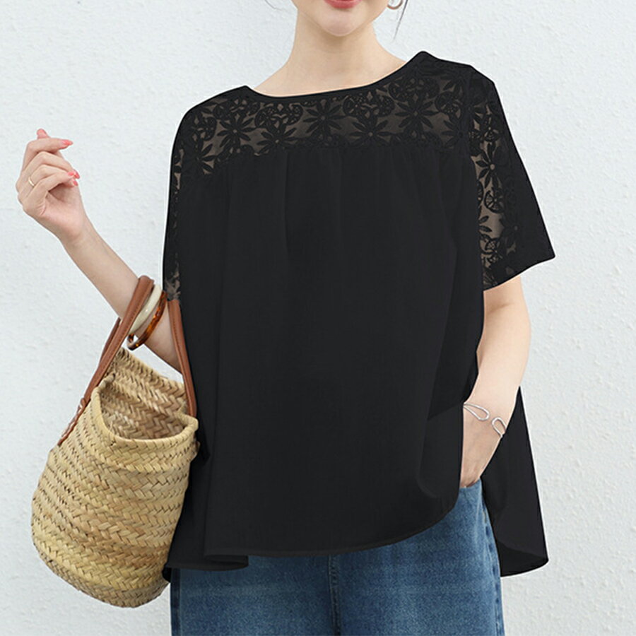 コットン100％レース切り替え半袖チュニックブラウス ホワイト ブラック 透け感 おしゃれ 着回し 春夏 ..