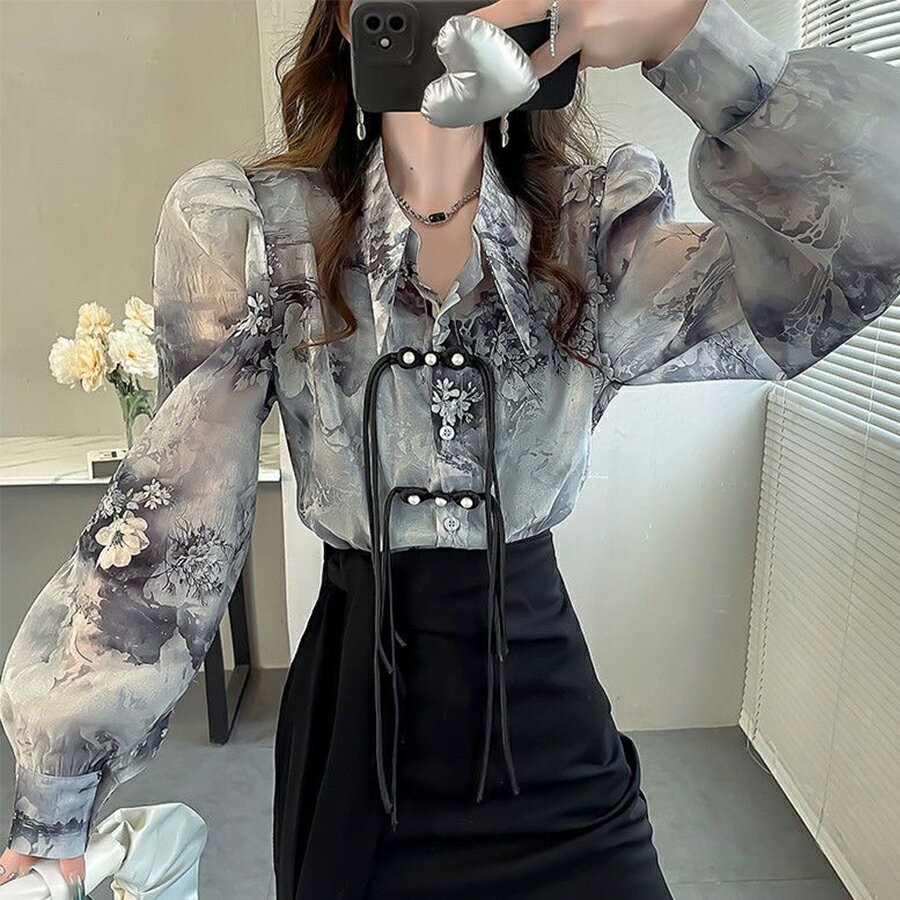 Rakuten - チャイナ風シアーデザインブラウス 存在感抜群 おしゃれ 羽織り 着回し 春夏秋 レディース 送料無料 Mimi みみミミ bs121