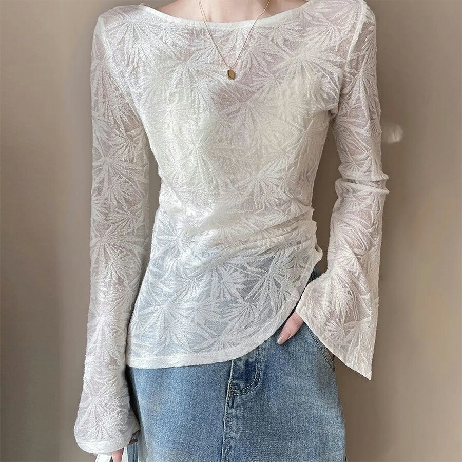 Rakuten - リーフ柄シアースリーブシャツ かるふわ シンプル 女子会 きれいめ 着回し 春秋冬 レディース 送料無料 Mimi みみミミ bs127