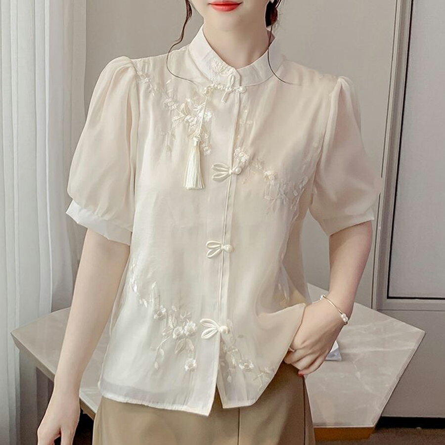 Rakuten - チャイナ風半袖ブラウス パフスリーブ おしゃれ 上品 着回し 個性的 春夏秋 レディース 送料無料 Mimi みみミミ bs129