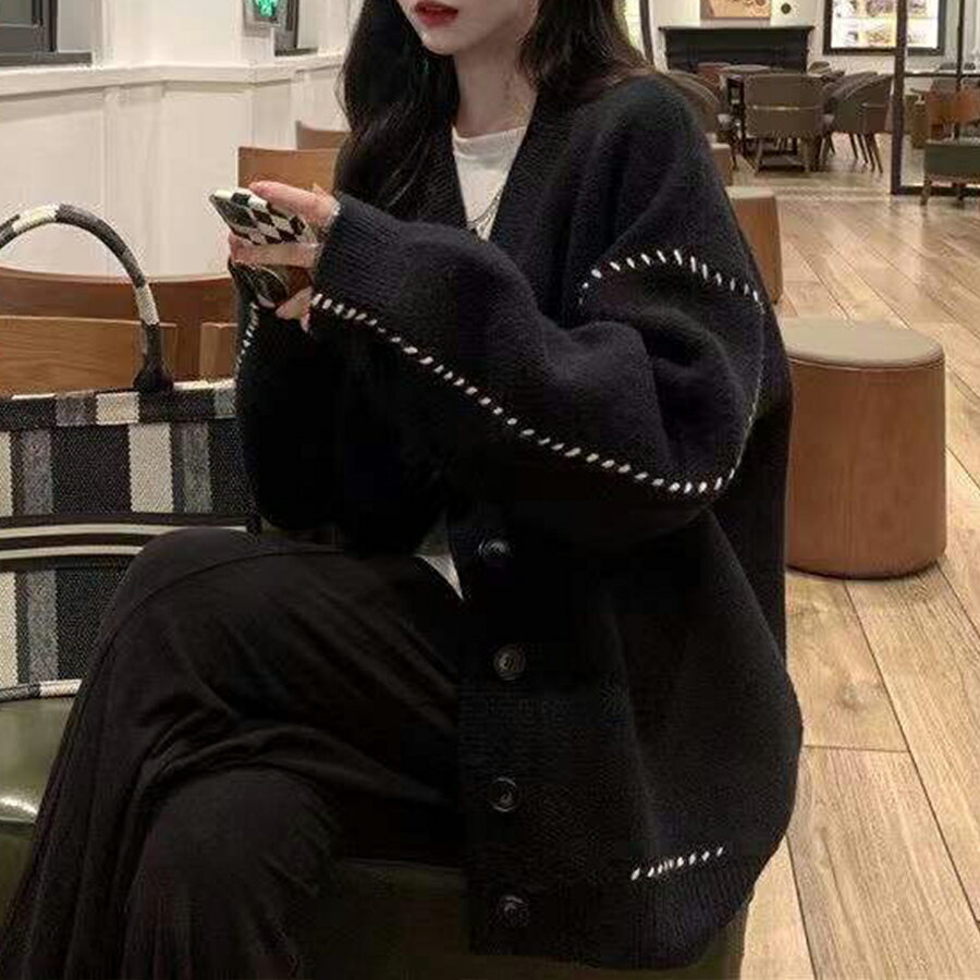 ステッチカーディガン　オーバーサイズ　カジュアル　ゆるいシルエット　シンプル　重ね着　ゆったり 着回し 秋冬 レディース 送料無料 SLENDER スレンダ ks001