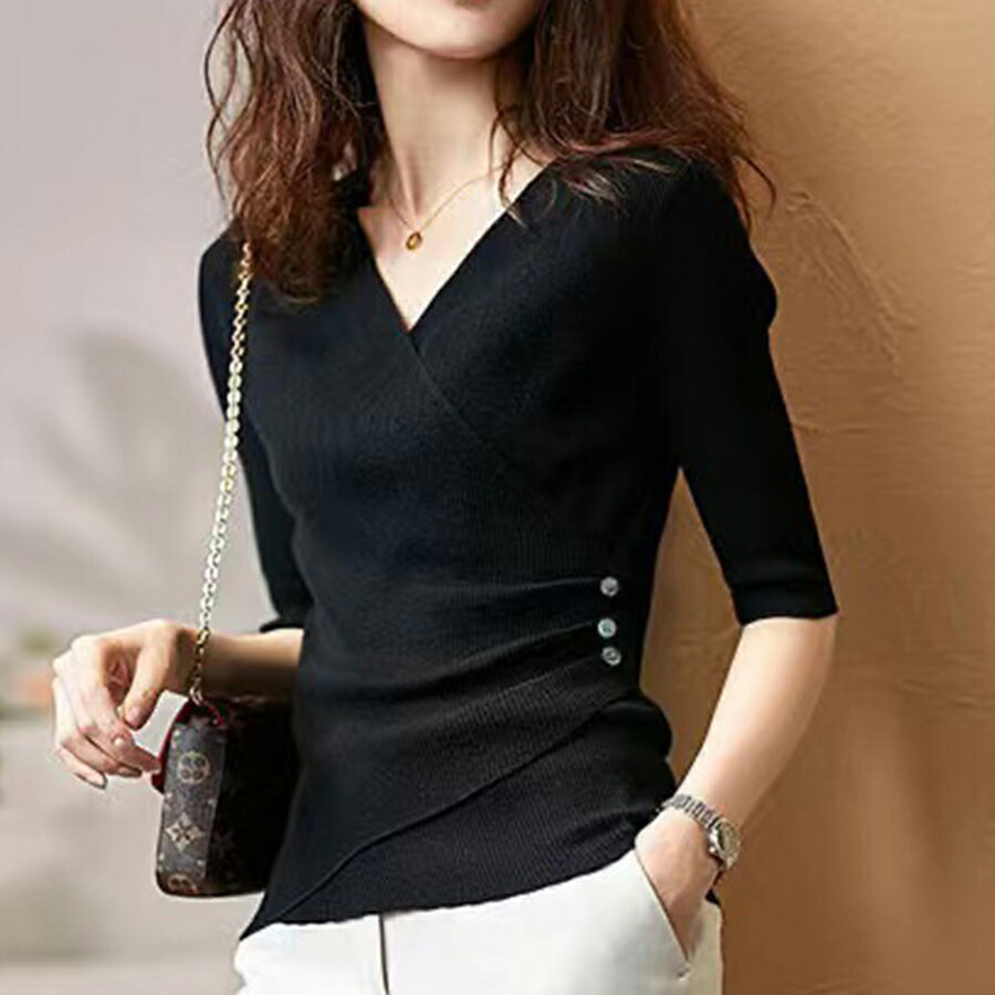 Vネックカシュクールニット シンプル　 無地　個性的 女子会 おしゃれ 着回し 春夏秋 レディース 送料無料 mimi みみ ミミ ns012