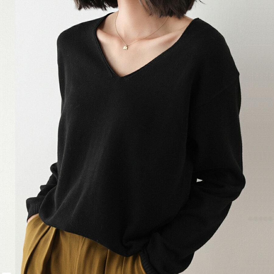 V-Neck - 長袖Vネックニット シンプル　重ね着　ゆったり 無地　 女子会 おしゃれ 着回し 秋冬 レディース 送料無料 SLENDER スレンダ ns016