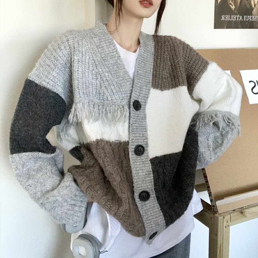 配色デザインパネルニットカーデガン 個性的 存在感抜群 デザインニット 秋冬 レディース 送料無料 Mim..