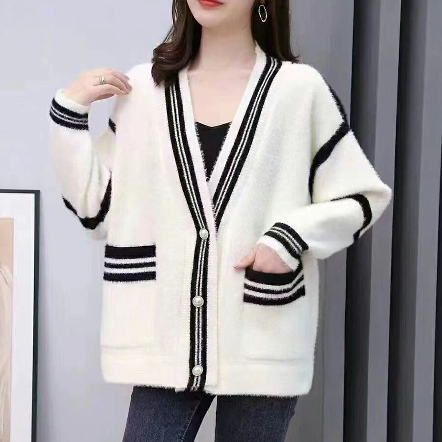 配色ラインカーディガン シンプル 主役カーデ トップス おしゃれ 無地 秋冬 レディース 送料無料 Mimi ..