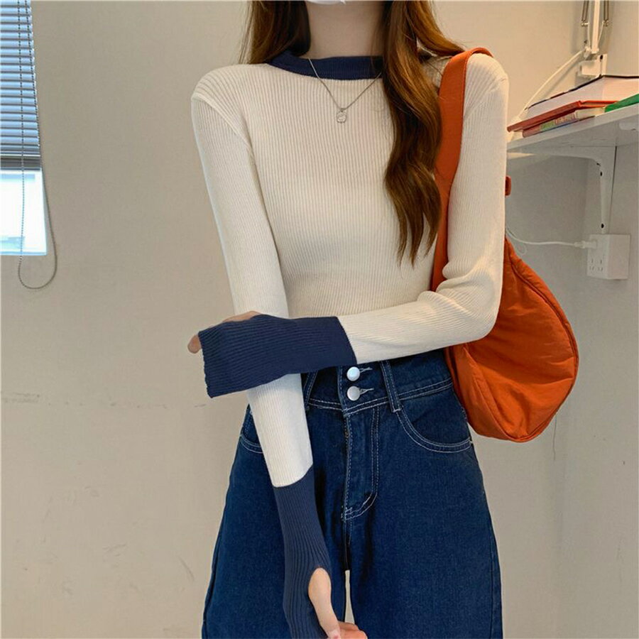 バイカラー指穴付きリブニットシンプ...