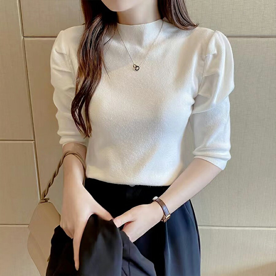Rakuten - 5分袖パワーショルダーニット かわいい おしゃれ オフィス 大人女子 無地 春秋冬 レディース 送料無料 Mimi みみミミ ns091
