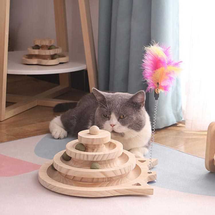 猫おもちゃ ボール回転盤 遊ぶ盤 木製 4階 タワー 猫じゃらし ぐるぐるボール 羽棒...