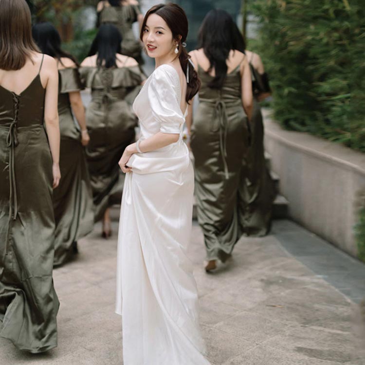 披露宴 半袖 プリーツ 披露宴 パフスリーブ おしゃれ 撮影 Vネック 二次会 ウエディングドレス 挙式 2次会 結婚式 花嫁 ドレス 前撮り 袖あり フォトウエディング ハネムーンフォト レース 二次会