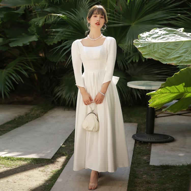 ウエディングドレス ミモレ丈 七分袖 袖あり 披露宴 ワンピース バックリボン Aライン ウェディングドレス ドレス 花嫁 発表会 結婚式 演奏会 ミモレ