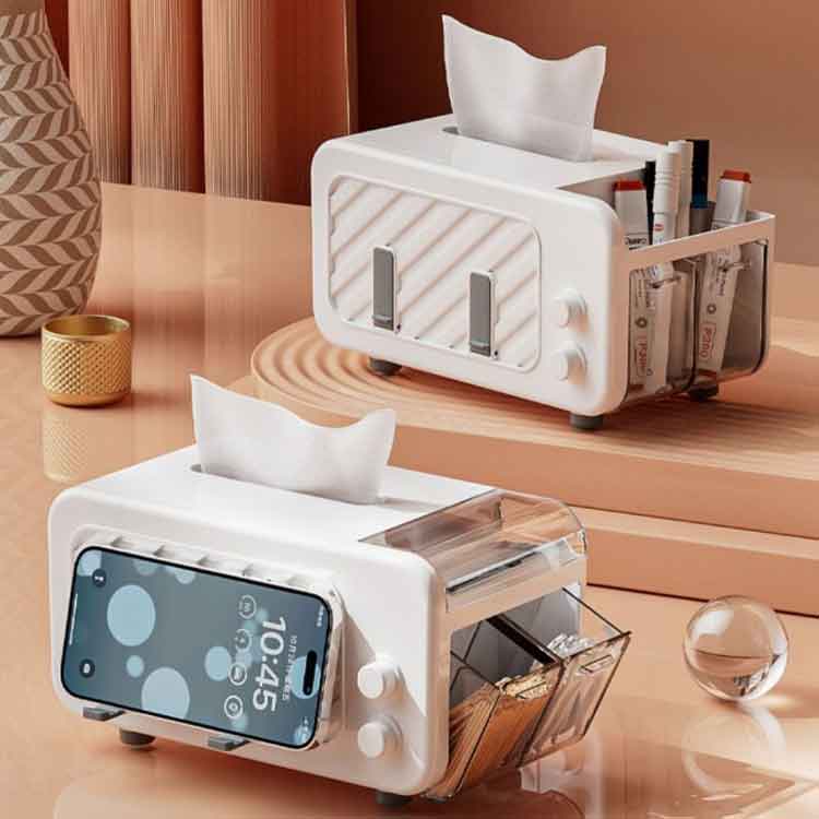 ティッシュケース ティッシュカバー 収納ケース 小物入れ 収納ボックス 収納ケース 卓上収納 多機能 シンプル 収納付きティッシュボックス 小物収納 おしゃれ ボックスティッシュ 洗面所 リビング 寝室 インテリア雑貨 イエロー ホワイト 送料無料 [3]