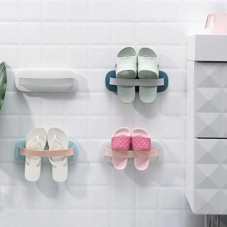 スリッパラック 壁掛け式 2足セット 2個入り 穴あけ不要 スリッパ収納 靴ラック 靴ホルダー シューズ 玄関 浴室 バスルーム シンプル 粘着式 省スペース [3]