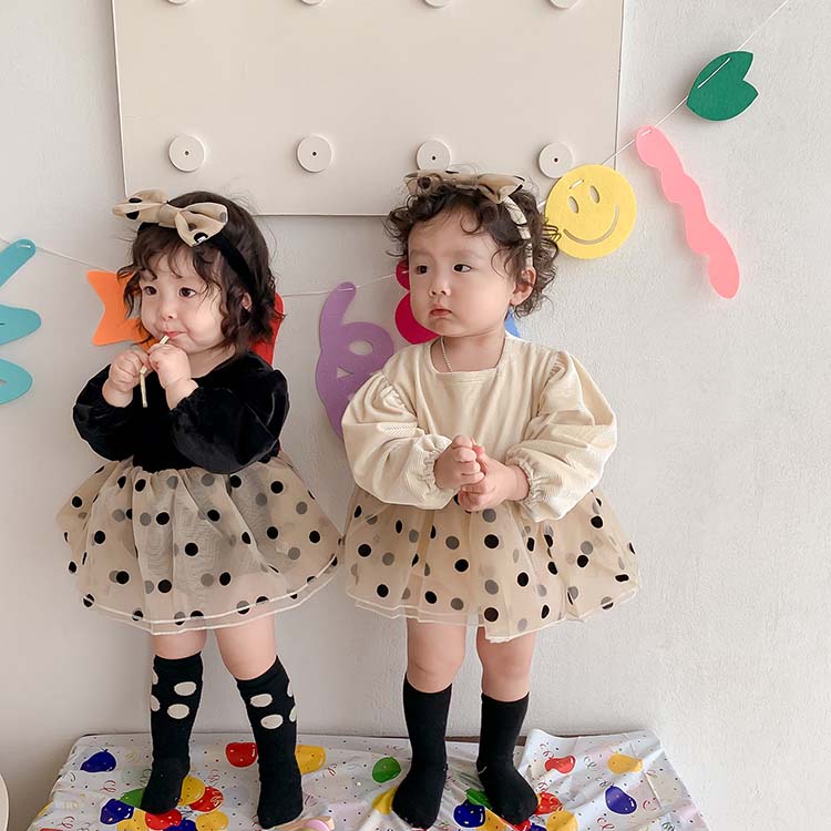 ベビードレス 長袖 セレモニードレス ロンパース チュールワンピース 水玉柄 子供ドレス 赤ちゃん 新生児 1歳 2歳 6ヶ月 ベビー服 フォーマル 結婚式 ワンピース 出産準備 お宮参り 退院 年賀状 写真撮影 百日祝い 誕生祝い ブラック 60 70 80 90cm 2