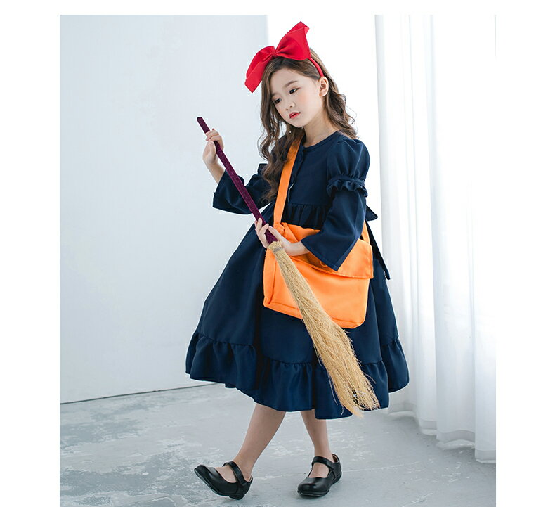 【高品質】ハロウィン 衣装 女の子 魔女 3点セット コスプレ コスチューム ワンピース 髪飾り バッグ Halloween cosplay 子供 キッズ ガールズ 変装 仮装 演出 発表会 イベント 幼稚園 小学生 ワンピース 紺 ネイビー 100 110 120 130 140 150cm