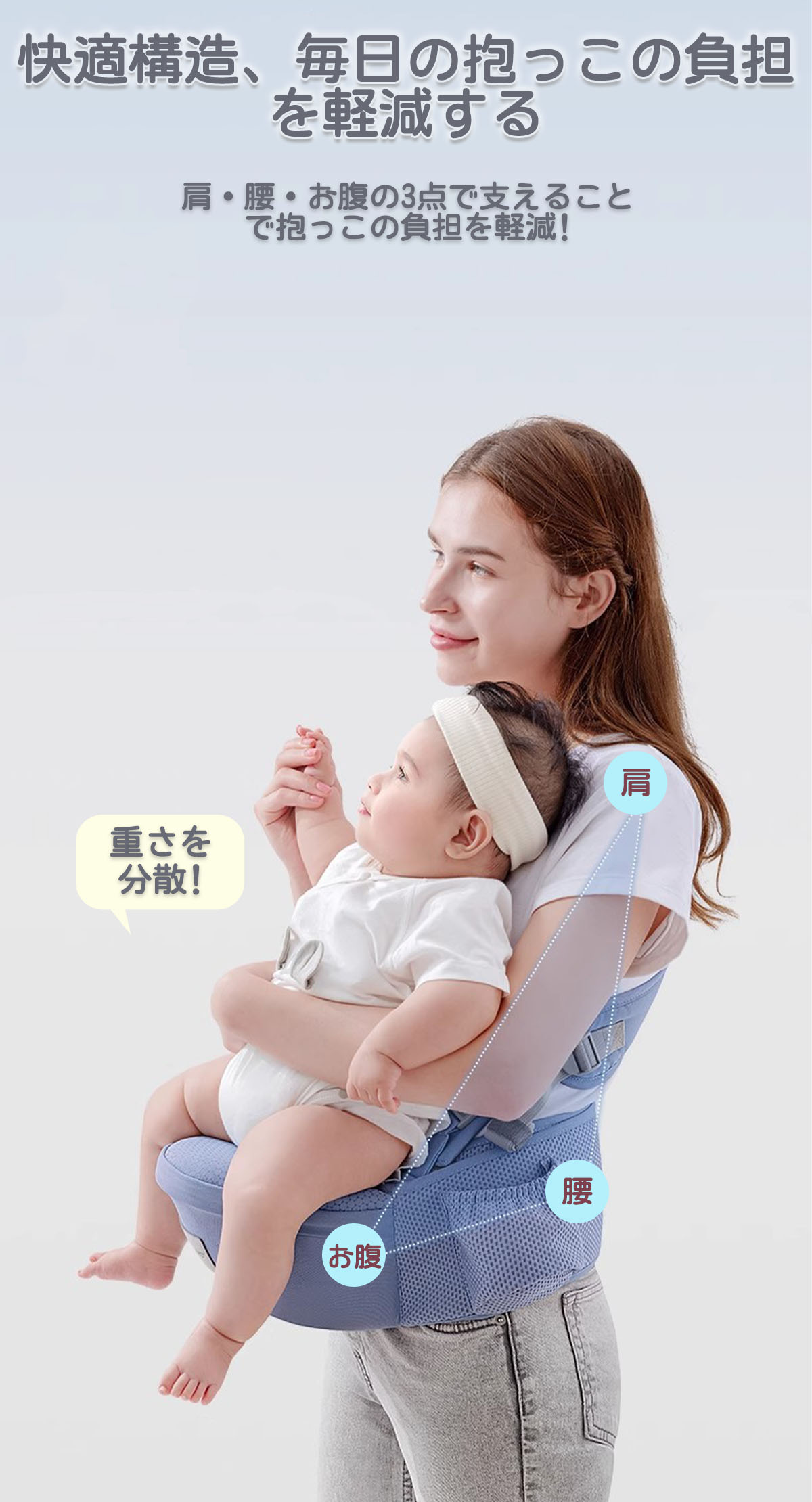 cute spaceの2WAY抱っこ用ヒップシート 抱っこ紐 軽量 滑り止め ウエストポーチ 付き 腰ベルト 調整可 肩腰が快適 新生児 出産祝い 腰負担軽減 ウエストポーチ 抱っこひも ベビーキャリア 2way 肩ストラップ付き 調整可 軽量 パッド入り 収納袋付き 分離可 男女兼用 ベビービブ付き｜アングル3