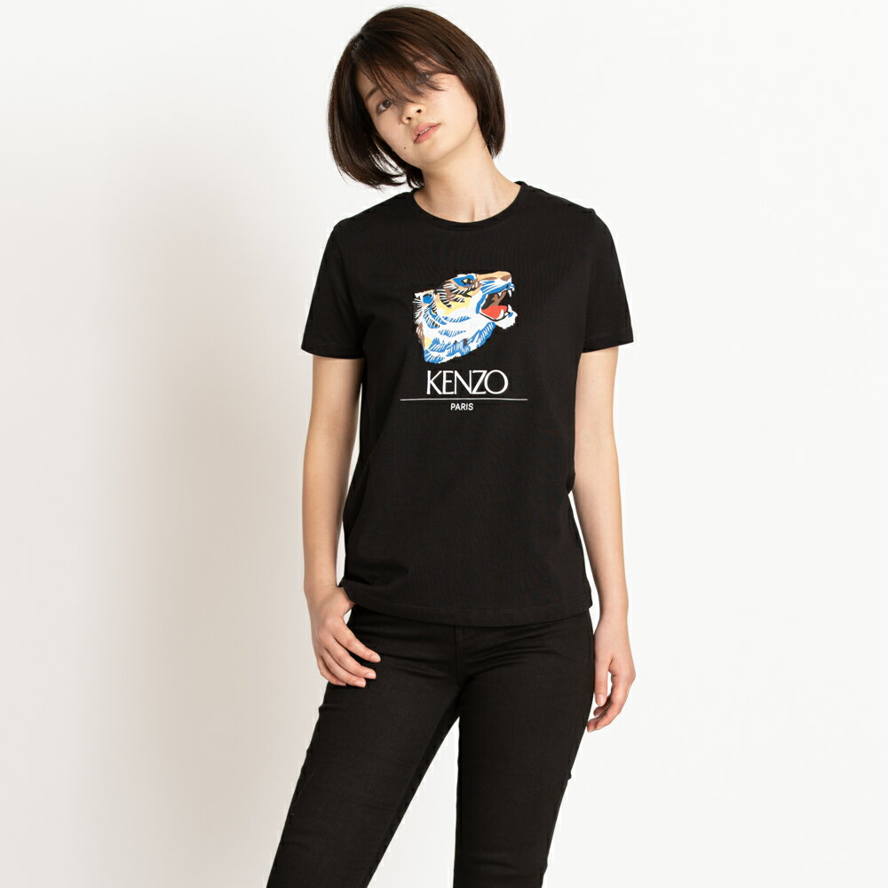 ケンゾー KENZO Tシャツ レディース タイガーヘッド ロゴ プリント カットソー クルーネック カジュアル F862TS7714YR.99.XS 黒 半袖 春夏