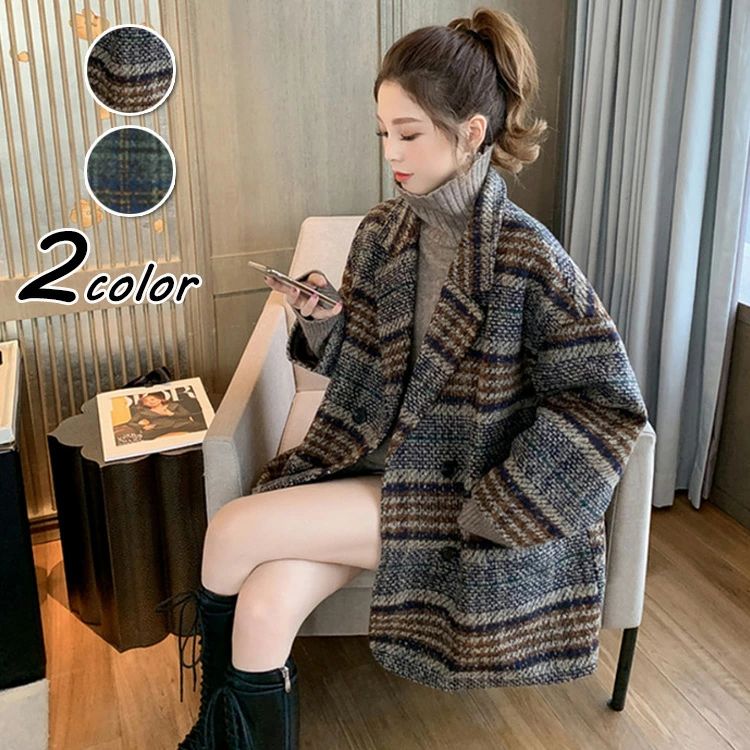 乐天商城 - 着痩せ チェスターコート ゆったり チェック柄 40代 アウター 厚手 秋冬 ミディアム丈 オシャレ レディース ツイードコート スーツオーバー 通勤 韓国風 チェスターコート