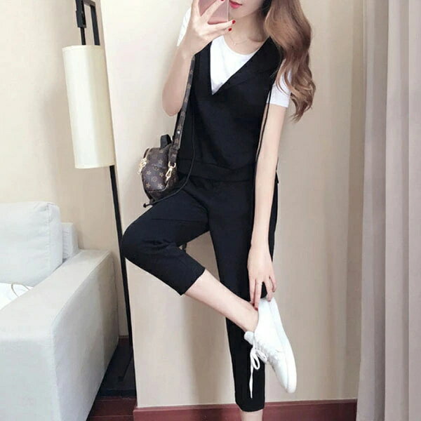 七分丈パンツ 新品 ボトムス カジュアル おしゃれ 40代 tシャツ 着痩せ スウェット 半袖 OL 大人 通勤 ベスト 大きいサイズ 上品 3点セット ジャージ レディース 夏服 トップス 上下 運動服 コーデ セットアップ 韓国風