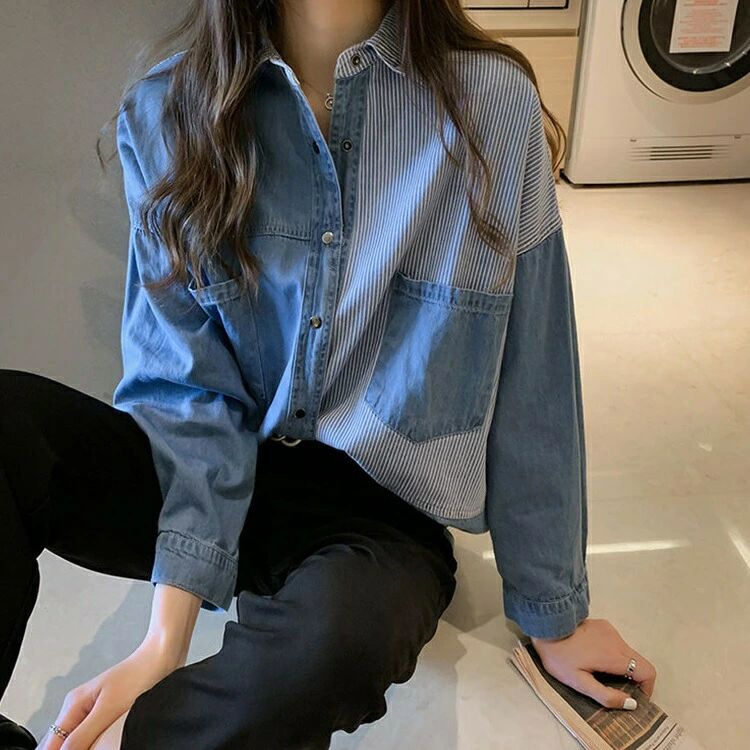 春秋 ブラウス デニムブラウス 2色 カジュアルブラウス おしゃれ 長袖ブラウス 通勤 大きいサイズ 韓国風 レディース きれいめ 40代 デニム(4.0)