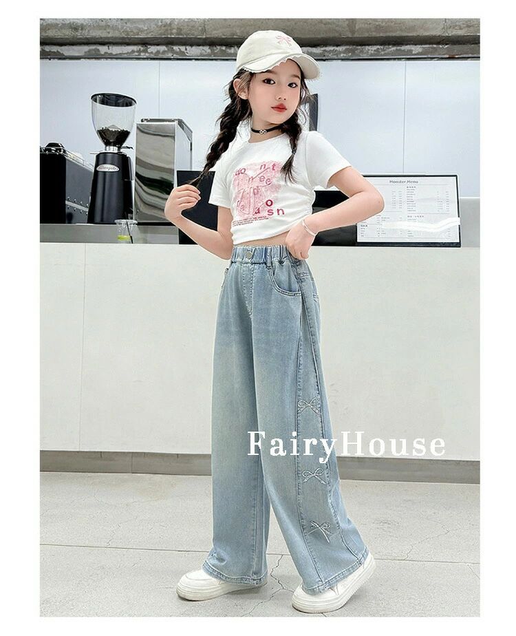 Pantalones vaqueros anchos niñas niñas escuela primaria junior niños estilo coreano escuela informal pantalones sueltos fácil de mover cintura cinta cinta bordado primavera otoño verano estilo callejero lindo moda infantil ropa niñas vaqueros 120 cm 130 cm 140 cm 150 cm 160 cm 170 cm — vista 3