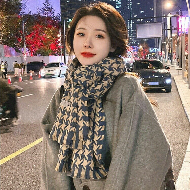 For Women - マフラー ストール 大判 防寒 暖かい レディース ロングマフラー ボリューム 千鳥格子 フリンジフェイクカシミヤ 2022 トレンド おしゃれ 人気 プレ 誕生日 厚手ニットマフラー 秋冬