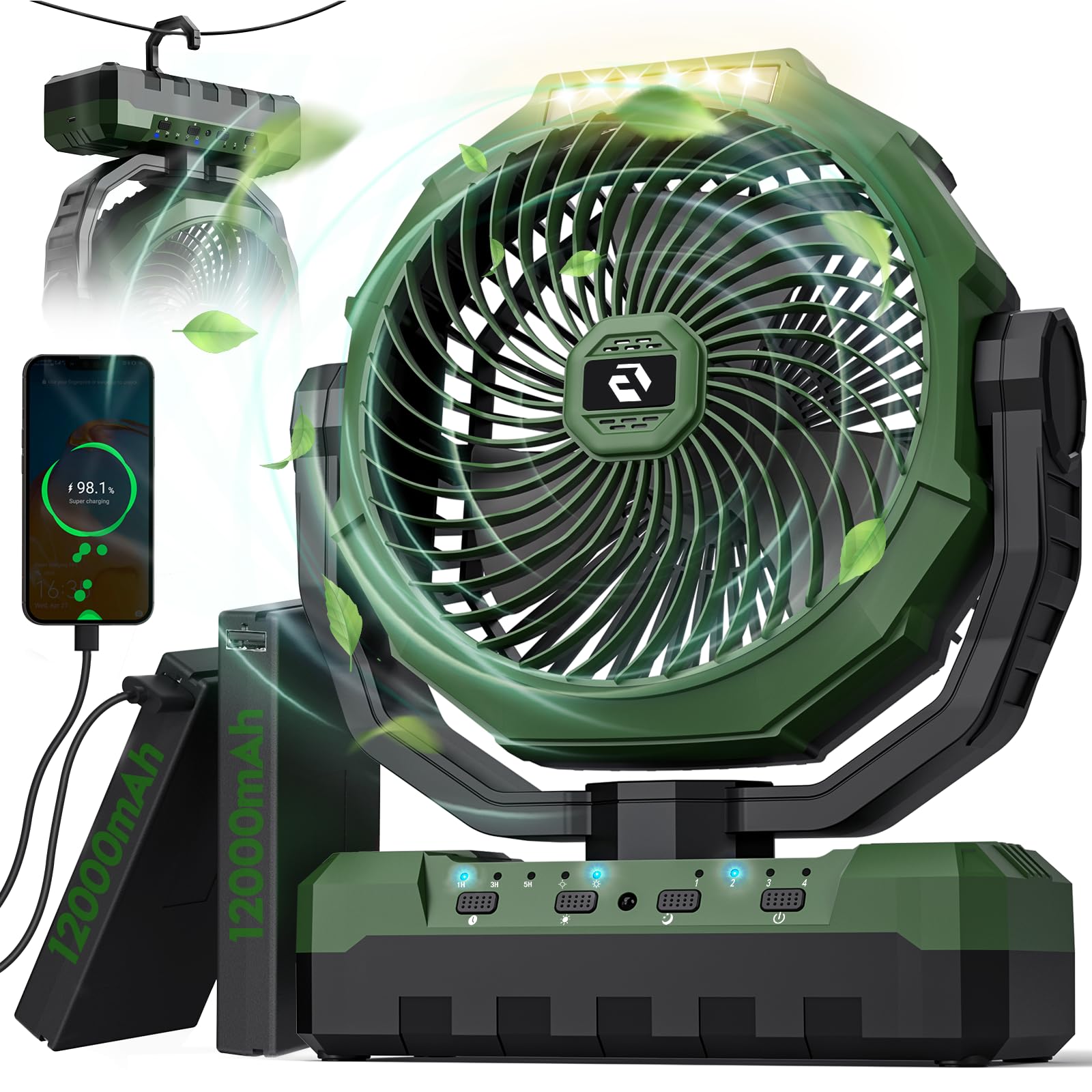 バッテリー着脱式 リモコン付き 自動首振り タイマー 吊り下げ 最大160時間連続使用 24000mAh大容量 車中泊