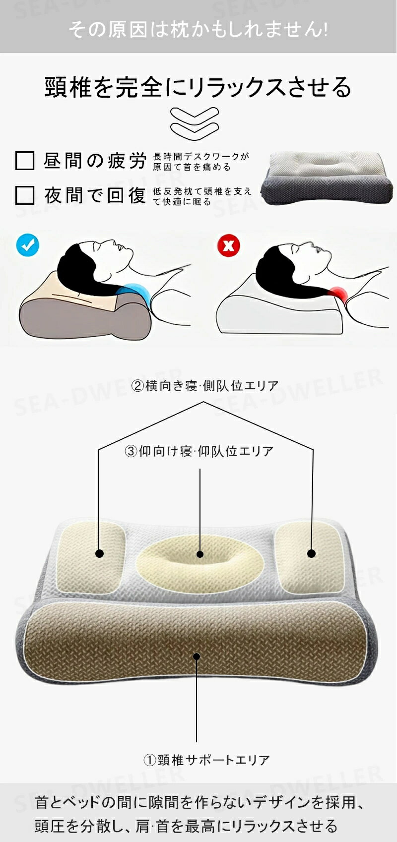枕 肩 首 ストレートネック 低め まくら 低反発枕 快眠サポート 快眠枕 寝心地アップ 横向き寝 うつ伏せ 仰向き 防ダニ抗菌 通気性いい 人間工学 通気 速乾 丸洗いOK 仰向き寝も横向き寝も快適で睡眠の質改善。 3