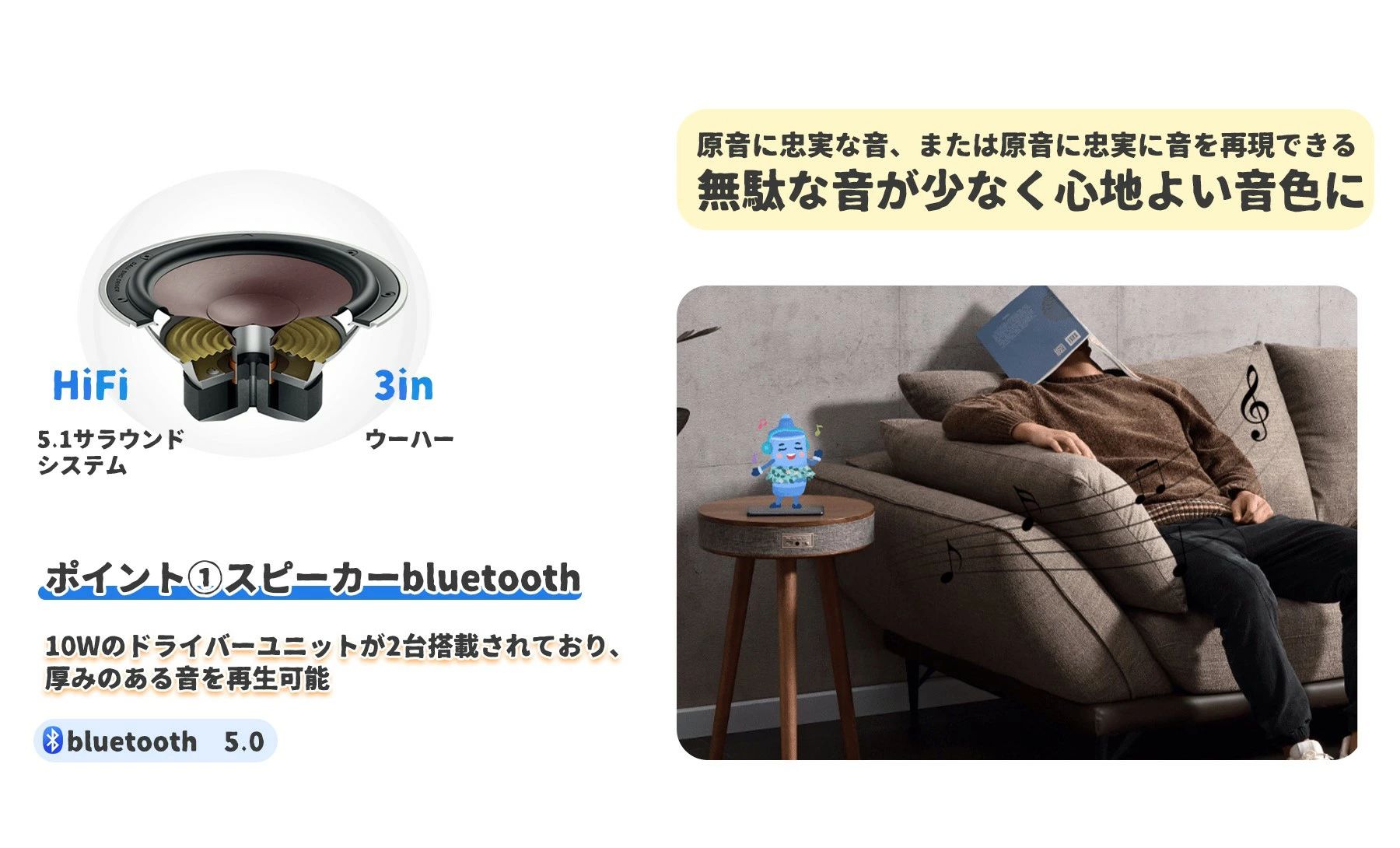 スピーカー 一台三役 ワイヤレス充電器 テーブル 丸 小さい 木製 丸型 ブルートゥース スピーカー 小型 コンパクトステレオ 高音質 高出力 パソコン pcスピーカー パソコンスピーカー スマートフォン 小型スピーカー cwstore-10019047 CW store サンプル画像3