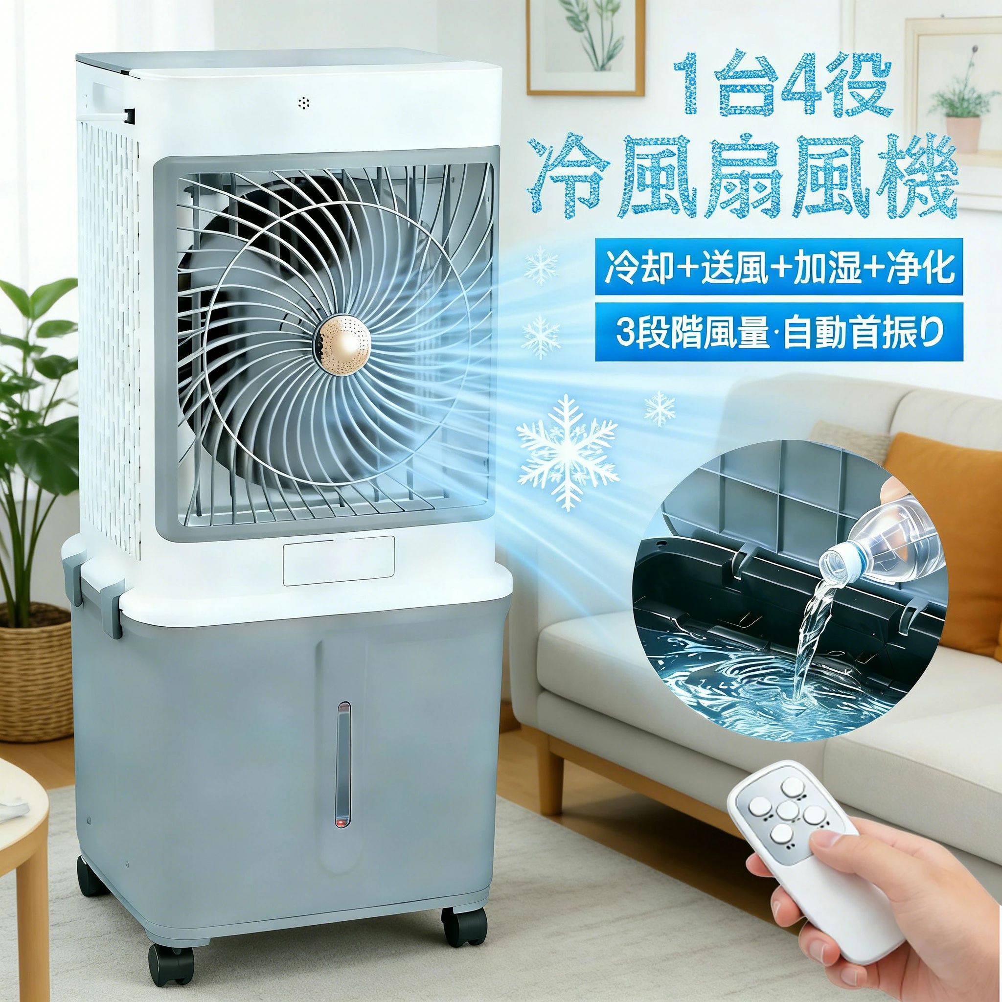 商品情報【製品の詳細】品寸法 380*340*850mm商品重さ：約6.4kgバッテリ容量：電源が接続されているバージョンのみ、バッテリー容量なし定格入力：110V~60Hz定格出力 ：120WPSE認証：認証済み【一台四役冷風機&amp;空気浄化&amp;強力送風】冷風機はアップグレードされた技術とシンプルなボタンデザインにより、送風、冷風、加湿、空気浄化が統合されている冷風扇。強力とともに急速に周りの空気を冷やされ、加湿され、浄化され、最後に涼しい涼風を送ります。冷風扇を利用して乾燥した夏を涼しく過ごしましょう。冷風扇風機だけは本物の高濃度のマイナスイオン機能を搭載されています、お部屋の空気を冷却しながら浄化させ。エイアコンより身体に優しいので小さなお子様やお年寄りの方がいるの家庭にはおすすめです。【32L大容量タンク&amp;上部から給水&amp;静音運転】32L大容量タンクで頻繁に給水不要です。冷風扇風機は、上部下部二つ給水方式を採用しています。また、直接に上の大きい口から注水あるいは氷や保冷バッグを入れることができます。上から給水もお手入れも簡単ですごく便利な多機能 冷風機 です。静音ほど稼働して、睡眠や読書、仕事に邪魔にならなく、お子様のお昼寝時や、就寝時などに安心にご利用ください。【三階段風量調整可能&amp;三つモード選択】冷風機の運転モードを送風運転?冷風運転に切替可能。冷風扇風機を利用して、猛暑日で氷もいれ、冷却効果はもっと強くなる。冷風機の風量は好みに合わせて弱?中?強の3段階に設定可能。冷風機はエアコンよりも優しく、扇風機よりも心地いいひんやりとした風なので子ども、女性やお年寄りなど、冷えに敏感な方におすすめします。【3分で急速タ—ルダりン】熱い空気が、タンク内の水冷フィルタ—を通過する際に加湿・冷却され、爽快な冷たい風に変わり、暑い夏を快適に過ごせます。【積み重ね収納可能省スペ一ス、運搬便利】持ち運びが楽で、出し入れも簡単で安心。ミニマム住宅、賃貸、寮に最適。 すっきり整頓され、空間が一瞬で倍に広くなる!【キーワード】冷風扇 扇風機 冷気、加湿、空気循環 多機能 卓上 電気代 部屋干し 梅雨 氷 衣類乾燥 左右 送風機 風量 パワフル 強力 就寝時 寝るとき 快適 涼風 洋室 和室 寝室 リビング 脱衣所 オフィス クリニック 工場 事務所 業務用 軽い 静音 強力 夏 熱中症対策 人気 静音 キャスター搭載 スポットクーラー エアコン 冷風機 ポータブルエアコン ポータブルクーラー スポッ【注意】※【日本規格に適合する】この商品は日本PSEマーク（安全安心）の認証が済んでいます。※メーカーの製造により、細かい傷や擦れなどがある場合がございます。※モニターの発色の具合によって実際のものと色が異なる場合がございます。※輸送の影響により一部商品の表面に多少の傷が生じることがありますので、予めご了承の上、よろしくお願いいたします。※メーカーの都合により、細部のデザイン・素材等が予告なく変更される場合がございます。※ 商品によってはサイズに多少の誤差がある場合がございます。正確なサイズを測るよう心がけておりますがサンプル商品の実寸値となりますので、お手元にお届けする商品と表記の寸法に多少の誤差が生じる場合がございます。2~3cmは許容範囲とさせていただいております。予めご了承くださいませ。冷風機 業務用 扇風機 羽なし 冷風扇 大型 冷風機 一台四役 サーキュレーター 小型 氷入れ 静音 32L大容量 首振り リビング 空気清浄 熱中症対策 強力冷風 大型 32L 大型気化式 冷風扇風機 自動首振り 3段階風量 2026 冷風扇 ホワイト 冷風扇風機 省エネ 小型 卓上 扇風機 コンパクト 自動首振り 角度調整 静音 冷風機 冷却 軽量 冷風器 ポータブル 寝室 家庭用 大容量 送風機 3段階風量 母の日 父の日 【製品の詳細】品寸法 380*340*850mm商品重さ：約6.4kgバッテリ容量：電源が接続されているバージョンのみ、バッテリー容量なし定格入力：110V~60Hz定格出力 ：120WPSE認証：認証済み【一台四役冷風機・空気浄化・強力送風】冷風機はアップグレードされた技術とシンプルなボタンデザインにより、送風、冷風、加湿、空気浄化が統合されている冷風扇。強力とともに急速に周りの空気を冷やされ、加湿され、浄化され、最後に涼しい涼風を送ります。冷風扇を利用して乾燥した夏を涼しく過ごしましょう。冷風扇風機だけは本物の高濃度のマイナスイオン機能を搭載されています、お部屋の空気を冷却しながら浄化させ。エイアコンより身体に優しいので小さなお子様やお年寄りの方がいるの家庭にはおすすめです。【32L大容量タンク&amp;上部から給水&amp;静音運転】32L大容量タンクで頻繁に給水不要です。冷風扇風機は、上部下部二つ給水方式を採用しています。また、直接に上の大きい口から注水あるいは氷や保冷バッグを入れることができます。上から給水もお手入れも簡単ですごく便利な多機能 冷風機 です。静音ほど稼働して、睡眠や読書、仕事に邪魔にならなく、お子様のお昼寝時や、就寝時などに安心にご利用ください。【三階段風量調整可能&amp;三つモード選択】冷風機の運転モードを送風運転?冷風運転に切替可能。冷風扇風機を利用して、猛暑日で氷もいれ、冷却効果はもっと強くなる。冷風機の風量は好みに合わせて弱?中?強の3段階に設定可能。冷風機はエアコンよりも優しく、扇風機よりも心地いいひんやりとした風なので子ども、女性やお年寄りなど、冷えに敏感な方におすすめします。【3分で急速タ—ルダりン】熱い空気が、タンク内の水冷フィルタ—を通過する際に加湿・冷却され、爽快な冷たい風に変わり、暑い夏を快適に過ごせます。【積み重ね収納可能省スペ一ス、運搬便利】持ち運びが楽で、出し入れも簡単で安心。ミニマム住宅、賃貸、寮に最適。 すっきり整頓され、空間が一瞬で倍に広くなる!【キーワード】冷風扇 扇風機 冷気、加湿、空気循環 多機能 卓上 電気代 部屋干し 梅雨 氷 衣類乾燥 左右 送風機 風量 パワフル 強力 就寝時 寝るとき 快適 涼風 洋室 和室 寝室 リビング 脱衣所 オフィス クリニック 工場 事務所 業務用 軽い 静音 強力 夏 熱中症対策 人気 静音 キャスター搭載 スポットクーラー エアコン 冷風機 ポータブルエアコン ポータブルクーラー スポッ【注意】※【日本規格に適合する】この商品は日本PSEマーク（安全安心）の認証が済んでいます。※メーカーの製造により、細かい傷や擦れなどがある場合がございます。※モニターの発色の具合によって実際のものと色が異なる場合がございます。※輸送の影響により一部商品の表面に多少の傷が生じることがありますので、予めご了承の上、よろしくお願いいたします。※メーカーの都合により、細部のデザイン・素材等が予告なく変更される場合がございます。※ 商品によってはサイズに多少の誤差がある場合がございます。正確なサイズを測るよう心がけておりますがサンプル商品の実寸値となりますので、お手元にお届けする商品と表記の寸法に多少の誤差が生じる場合がございます。2~3cmは許容範囲とさせていただいております。予めご了承くださいませ。 5