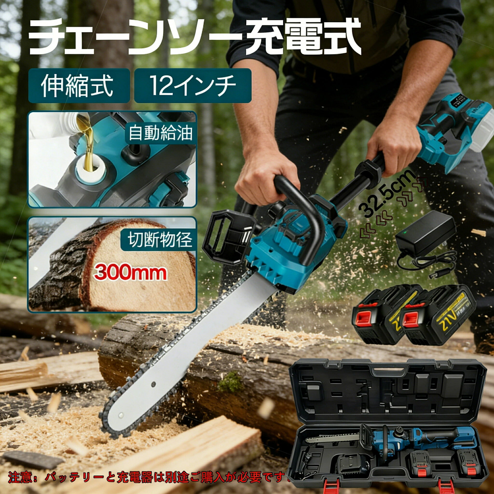 高枝切り電動チェーンソー 充電式 ハンディ チェーンソー 12センチ 切断径300mm 給油可能 大容量バッテリー搭載 充電式チェーンソー 家庭用 エンジン ポータブル ハンディ木工切断 枝切り 薪作り庭木の剪定 竹の伐採 園芸設備 操作便利 収納箱付き
