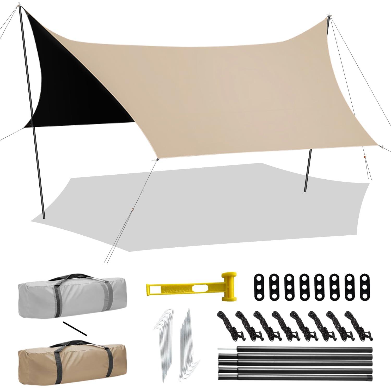 Tent - タープ テントタープ 防水 遮光タープ UVカット ヘキサタープ 天幕 Camping Tarp 防雨性 多機能 組立て簡単 持ち運び便利 アウトドア キャンプ ハイキング用