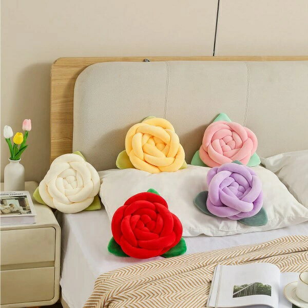 手作りのローズ型の装飾用枕 現代的な花柄デザイン、柔らかいポリエステル充填、洗濯機で洗える、リビ..