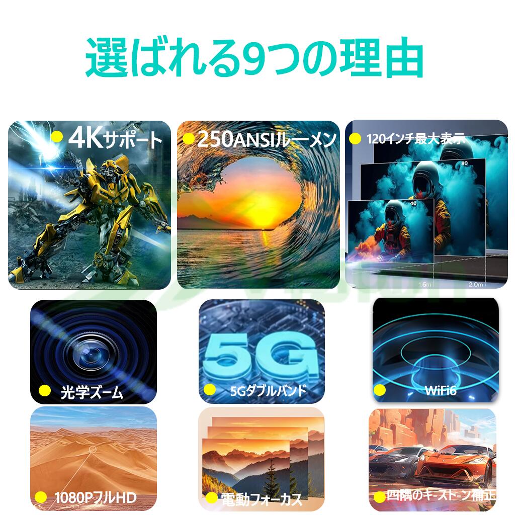 【2026年新登場】プロジェクター 家庭用 天井投影 軽量 本体 小型 250ANSI 4K対応 高画質 静音 5G WiFi6 Android 9 Bluetooth5 高性能 自動台形補 電動フォーカス ゲーム スマホ 3