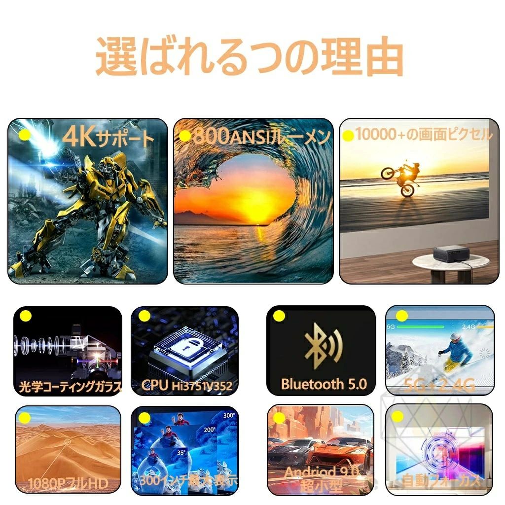 【超人気・超小型投影】プロジェクター 家庭用 ホームシアター テレビ ホームプロジェクター 軽量 本体 小型 Android 9.0 800ANSI 4K対応 高画質 高輝度 静音 5G WiFi6 高性能 自動台形補 電動フォーカス Bluetooth5.0 ホームシアター 無線接続 3