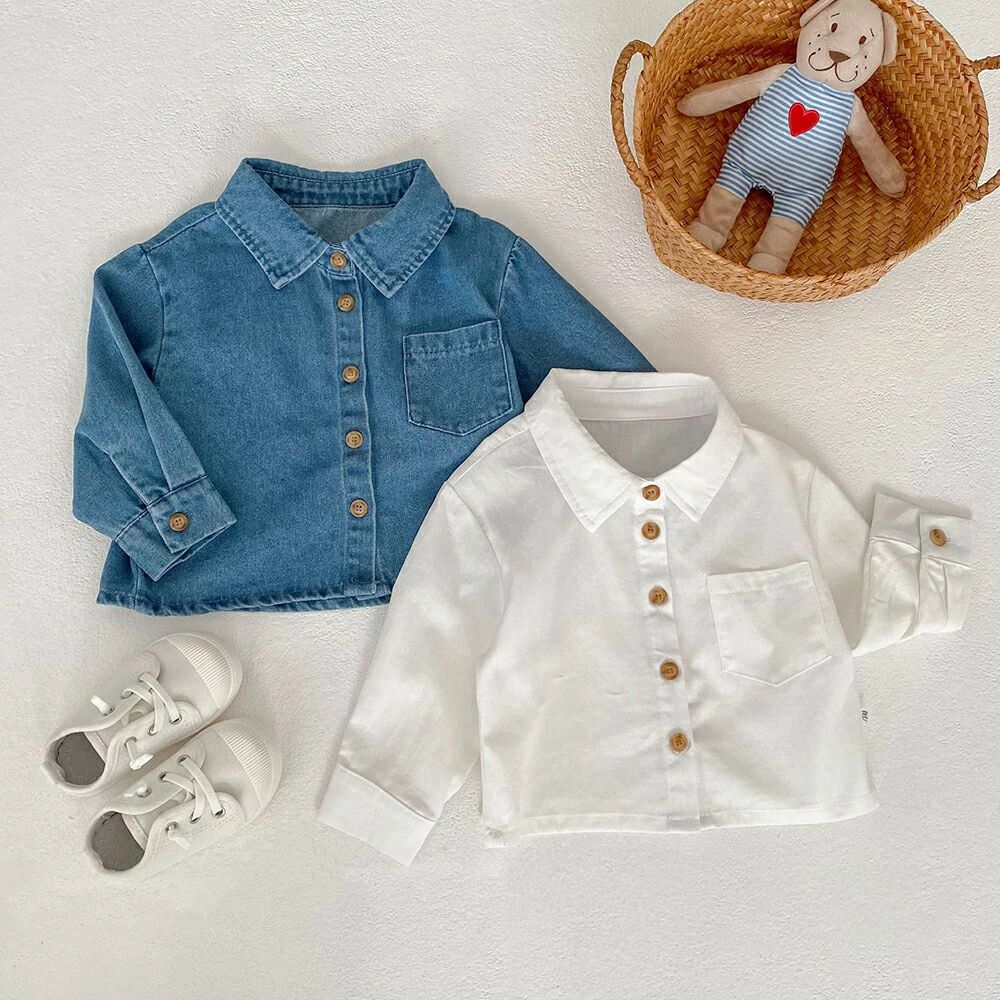 Blouses, Shirts - デニムシャツ トップス ベビートップス ブラウス シャツ 長袖 丸襟 トップス フォーマル シャツ 子供服 おしゃれ シャツ キッズ 男の子 女の子 韓国 ベビー服 無地 シンプル カジュアル 春 秋 冬 可愛い