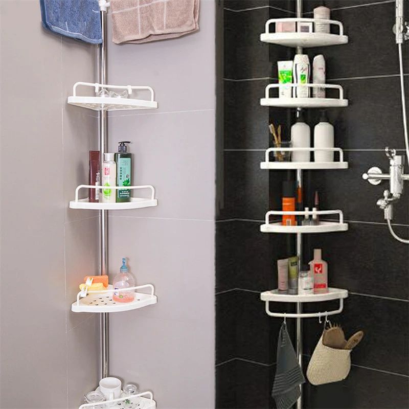 スリム つっぱり棒 コーナーラック 浴室 水回り シェルフ 突っ張り タオルバー つっぱり 4段 フック付き バスラック 送料無料 棚板 省スペース 5段 収納 整理整頓 水切り穴 工具不要