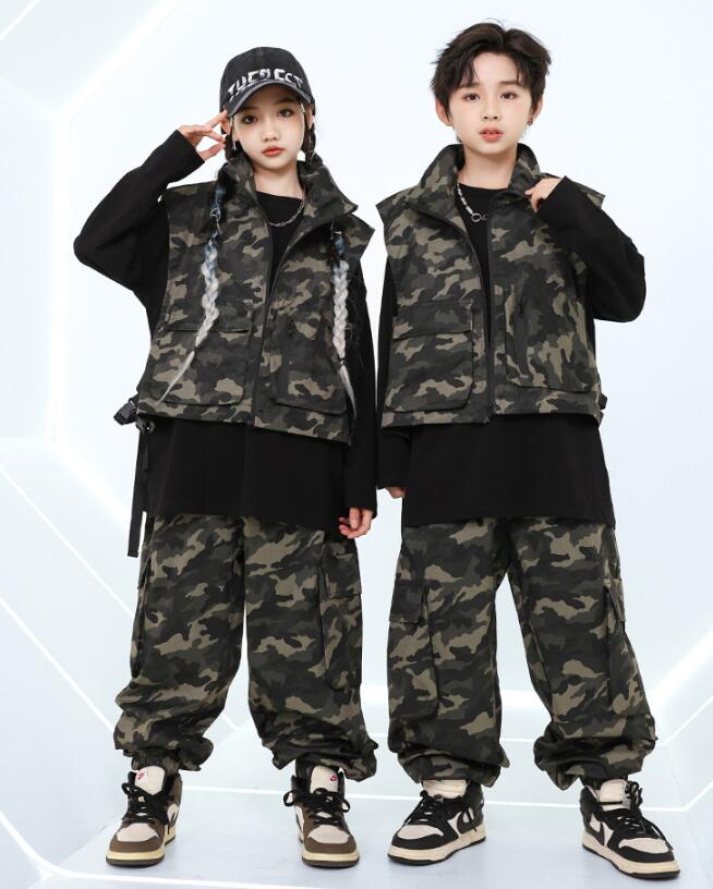 キッズダンス衣装　男女兼用ダンス衣装 迷彩柄ベスト　サルエルパンツ　長袖tシャツ　ストリート　ゆったりk-pop春秋女の子/男の子ヒップホップジャズダンスウェア　hiphopjazzかっこいいダンス衣装 男女兼用 舞台演出服　ステージ