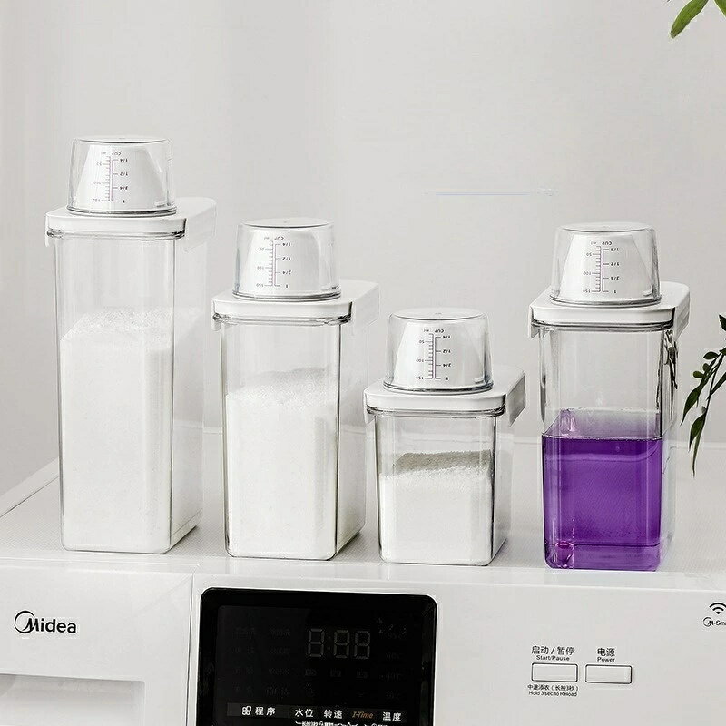 家庭用洗剤収納ケースです、透明カプセルです、目盛り付きで正確に測定します、洗剤専用ストックです、..