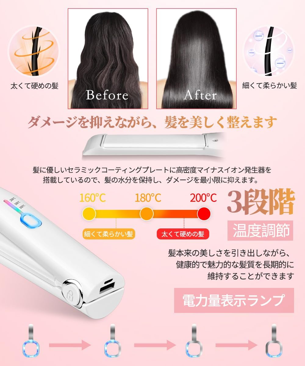 160/180/200℃ ミニ 家庭/旅行/出張用 持ち運び便利 ロック機能 3段階温度設定 ワイ...