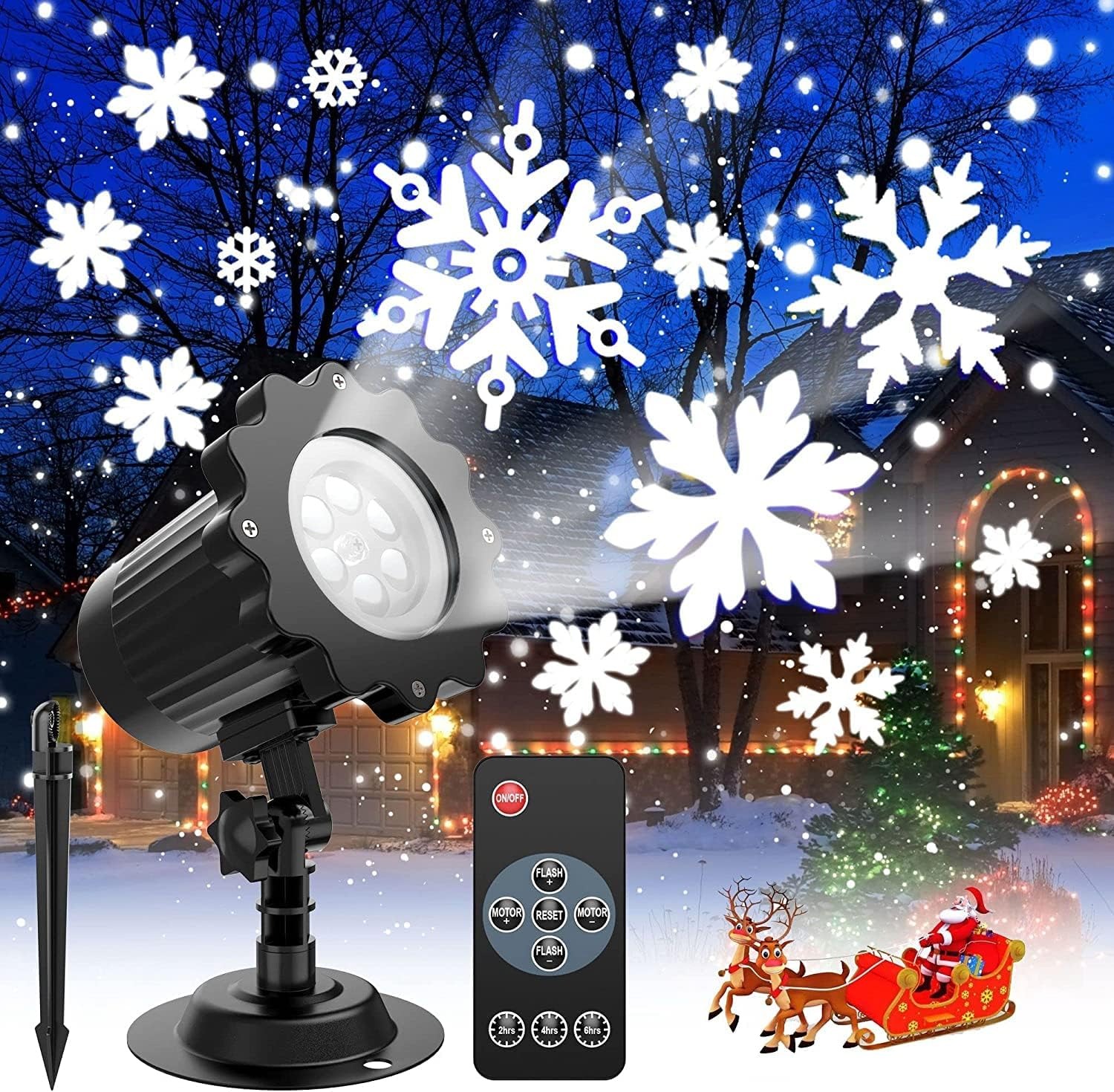 特徴 説明 クリスマス雪投影ランプ ロマンティックな雪の雰囲気を作り出し、クリスマス、記念日、結婚式、誕生日、パーティーなど様々なイベントで活躍します。 スノーフレーク調整機能 広い照射範囲で多数のスノーフレークが移動し、美しい重雪の投影を楽しめます。フラッシュと速度を調整可能。距離によって投影効果が変わります。 角度調整＆リモコン付き 取り付けブラケットで照射角度を調整可能。リモコンで雪片の設定や2/4/6時間のタイマーを操作できます。 簡単な取り付け方法 (1) スタンドベースでテーブルに置く (2) アンカースパイクで屋外の地面に設置 (3) ネジで壁に取り付け IP65防水設計 室内・室外どちらでも使用可能。雨の日でも安心のIP65防水で、ガーデンや屋外でも天候を気にせず使えます。