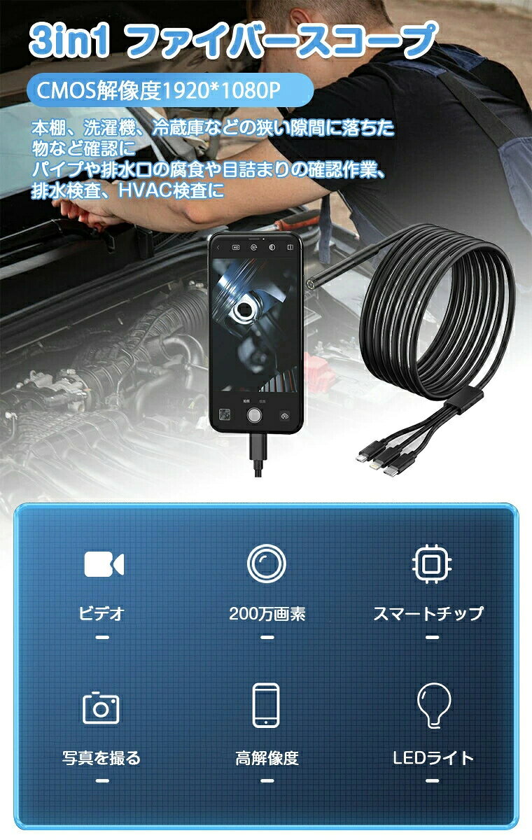暗所 ライト USB 配管修理 ファイバースコープ 工場 200万画素 カメラ 3m パイプ修...