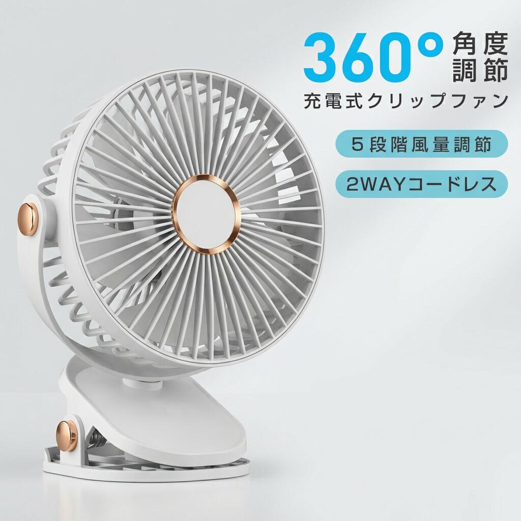 商品規格【商品仕様】スタンドサイズ/重量(約) ：175*112*210mm/200g充電電池 ：充電式バッテリー4000mAh入力：5V/1A消費電力：4.5W風量調節 ：5段階羽根枚数：3枚羽根セット内容：本体(バッテリー内蔵)、USBコードカラー：ホワイト ブルー ピンク細部へのこだわり底部に滑り止めゴム設置ガードカバー取り外せるのでお手入れ楽々汎用性高いUSB-C充電タイプ感電防止の高密度保護カバー付き、不注意で触れてしまっても安心。お手れ簡単、取り外し可能なカバー汚れた羽根はサっと簡単に拭き取り、綺麗にお手入れをして、いつも清潔に。(1)前面カバーを反時計まわりに回す(2)羽根も外せることが可能(3)水洗い可能でお手入れ楽々 防水仕様ではありません。本体に水がかからないようご注意ください。注意事項・ラッピング対応は行っておりません。・予告なく仕様変更になる場合がございます。・写真はイメージです。実際の商品と若干異なる場合がございます。・基本は全国一律送料無料と対応させていただきますが、沖縄・北海道・離島地域へお届けの場合は別途送料をご請求させていただきます。・商品のサイズは採寸方法によって、若干な誤差が生じる場合はあります。ご了承ください。品質保証・出品商品は全て新品未使用です。・安心の初期不良対応：万が一商品に不具合があった場合は、商品到着後7日以内にご連絡ください。・不具合の状況確認のため、写真や動画のご提供をお願いする場合がございます。確認後、速やかに「新品交換」または「ご返金」にて対応させていただきます。・お客様に安心してご購入いただけるよう、誠心誠意サポートいたします。「悪い評価」を付ける前に、まずはお気軽にご相談ください。 検索関連ワード充電式 クリップファン, 卓上 クリップ扇風機, 小型 扇風機, コードレス 扇風機, USB-C 充電, 4000mAh バッテリー, 5段階 風量調節, 静音 ファン, 3枚羽根, サーキュレーター 扇風機, 2WAY 置き掛け両用, 据え置き 卓上, 壁掛け 扇風機, クリップ式 ファン, 車用 扇風機, 車内 送風, オフィス 扇風機, 在宅ワーク 扇風機, アウトドア 扇風機, キャンプ 扇風, 熱中症 対策, 乾燥対策, 部屋干し サポート, サーキュレーター 省スペース, 机の上 ファン, ベッドサイド 扇風機, 子ども部屋 扇風機, ペットのいる部屋 扇風機, おしゃれ 扇風機, かわいい 小型, カラフル ピンク, ホワイト ブルー, 高密度 保護カバー, 感電防止 カバー, 滑り止め ゴム, お手入れ簡単, 取り外し カバー, 羽根 外せる, 水洗い 可能 ではない注意, 清潔 ふき取り, ガードカバー 取り外せる, ポイント消化, 送料無料, 新生活, 母の日 プレゼント, 父の日 ギフト, 誕生日 ギフト, 楽天スーパーSALE, お買い物マラソン, 3199円 人気 おすすめ, ギフト 人気, ポータブル 扇風機注意事項：モニターの発色により、実物と異なる場合がございます。