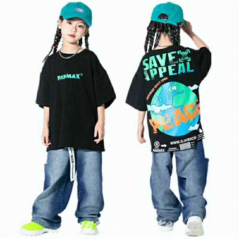 キッズダンス衣装 上下セット セットアップ 子供 ヒップホップ ガールズ 女の子 原宿系 tシャツ ロングパンツ ジーンズ 派手 ダンス衣装 ストリート ワイドパンツ キッズ ダンス衣装 パンツセット ダンスウェア デニムズパンツ 子供服 演出服 発表会 舞台衣装 110-180cm