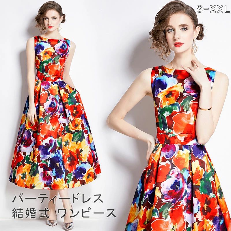 乐天商城 - お呼ばれ 冬 ノースリーブ 夏 XXL 秋 上品 パーティードレス 通販 XL 春 ワンピース フォーマル S ミセス ブライズメイド L 大きいサイズ ドレス パーティー M パーティドレス 20代30代40代 大人 短納期 フォーマルドレス 服装 プリント 花柄 着痩せ 結婚式 服