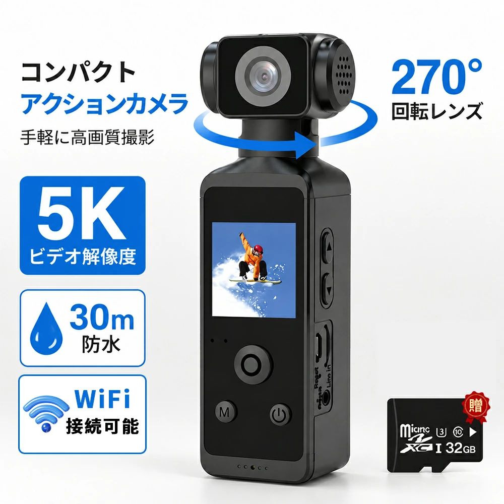 商品情報【驚異的な5Kビデオ解像度】5Kビデオ解像度とは、通常のフルHD解像度(1920 x 1080)の5倍以上にあたる5120 x 2880の超高画質映像を撮影できる機能です。また、5K解像度で撮影した映像は、フルHDや4Kの解像度で再生する際にも、驚くほどクリアで、高精細な画像が保たれます。【270度回転レンズ】270度回転するレンズが搭載されています。カメラを取り付けた場所に合わせてレンズの向きを自由に変えることができます。前方を撮影するだけでなく、周囲や後方の風景も簡単に撮影することができます。【30メートル防水】専用ケースに入れることで30メートルまで防水が可能です。水中で臨場感あふれる映像を撮影することができます。また、ケース自体も頑丈で、カメラを衝撃から保護するので、山や森林などのアウトドアシーンでも安心して使用できます。【多様な撮影モード】ビデオモードで普通の撮影をするだけでなく、スロービデオモードでアクションの細かな動きを捉えたり、ループビデオモードで長時間の撮影を行い、メモリーカードがいっぱいになっても古い映像を上書きしながら撮影を続けることができます。【高品質の写真解像度】最大50メガピクセルの解像度で写真を撮影することができ、色彩豊かで細部までクッキリとした写真を撮影することができます。また、高性能なイメージセンサーを搭載しており、光の変化にも適応することができます。【クイック操作】クイック操作により簡単に撮影を始めることができます。ビデオモードで撮影したい場合、OKボタンを押すだけで録画を開始できます。本体にはシンプルなインターフェースが採用されており、初めての人でも簡単に操作することができます。【リモートコントロール】Wi-Fi接続を介してスマートフォンと連携することができ、Hello Camアプリを使用してリモートコントロールとリアルタイムプレビューを実行できます。これにより、カメラが取り付けられた場所から離れた場所からでもカメラを操作でき、撮影中にプレビュー画面を確認できるため、シーンの確認や微調整が簡単に行えます。【コンパクトで軽量】運ぶことができます。また、重量が軽いため、長時間の撮影でも疲れにくく、手持ちでの撮影にも適しています。 さらに、小型であることから、バイクや車のヘルメット、自転車などに装着して撮影することができます。【Q&amp;A】Q1:レンズの向きを変えて撮影することはできますか？A1:はい、レンズが 270 度回転するので、前方だけでなく周囲や後方の風景も自由に撮影できます。取り付け場所に合わせて向きを調整可能です。Q2:スマホと連携して使うことはできますか？A2:はい、Wi-Fi 接続に対応しており、専用アプリ「Hello Cam」を使ってスマホからリモート操作やリアルタイムプレビューが可能です。※720p は Wi-Fi なし版ですので、ご注意ください。Q3:手ブレが気になる場面でも、きれいに撮影できますか？A3:はい、6 軸手ブレ補正（EIS）機能を搭載しているので、自転車やバイクでの走行中、登山やスキーなどのアクティブな場面でも、安定した映像を撮影できます。Q4:スロー撮影やループ録画機能は搭載していますか？A4:はい、スロービデオモードとループ録画モードに対応しています。動きをゆっくり捉えたり、長時間連続撮影したりする際に便利です。【使用シーン】アウトドアでのキャンプやハイキング、マウンテンバイクなどのスポーツイベントでの使用；サーフィンやスケートボードなどのエクストリームスポーツでの使用；釣りやハンティング、バードウォッチングなどのアウトドアアクティビティでの使用；水上・水中での使用；車やバイクでのドライブ中に風景を撮影するための使用；スポーツジムでのワークアウトやフィットネスクラスでの使用；子供の運動会やイベントでの撮影；旅行先での風景や街並みの撮影；パーティーやイベントでの撮影；家族やペットとの思い出の撮影；自分の趣味やコレクションの撮影；調査や観察用の動画や写真の撮影；自分で料理を作っている様子の撮影；DIYや工作の過程を撮影して、動画で共有するための使用；アウトドアスポーツやレジャーの撮影；車内や自転車の撮影メーカー希望小売価格はメーカーサイトに基づいて掲載しています【SDカード16GB付き】アクションカメラ 5K 高画質 6軸手ブレ補正 4K 750p 動画撮影 小型カメラ デジカメ 水中カメラ 防水30M 270度回転レンズ 自転車 バイク 車載用 Vlog 旅行用 耐寒 高性能 お買い得 2026最新モデル 小型軽量で持ち運び便利！防水30M・6軸手ブレ補正で旅行やアウトドア、自転車・バイク撮影も安心。高画質5Kアクションカメラ 【当社を選択する理由】・5K対応で高精細な映像撮影が可能・6軸EIS搭載で手ブレを抑えやすい・1.3インチ液晶付きで確認しやすい・無線LAN対応でアプリ連携にも便利・外部マイク入力対応で音声収録にも使いやすい・コンパクト設計で持ち運びしやすい・クリアケースやクリップ付きで使いやすい・日常撮影、記録、外出先での撮影にも活躍※720p は Wi-Fi なし版ですので、ご注意ください。【商品仕様】イメージセンサー：13MP CMOSセンサー 386EIS：6軸ジャイロスコープチップセット SSC8826Q液晶モニター：1.3インチHD IPS LCDディスプレイビデオ解像度：5K（4608 * 2592）30FPS4K（3840 * 2160）30FPS2.7K（2688 * 1520）30FPS1080P（1920 * 1080）60FPS1080P（1920 * 1080）30FPS720P（1280 * 720）120FPS720P（1280 * 720）60FPS写真解像度：50M / 30M / 24M / 20M / 12M / 8M無線LAN対応Wifi接続 アプリ統合あり端子：Type-C USB／2.5mmマイク入力電力 内蔵1000mAhサイズ：116×32×23.2mm消費電力 4K 30fpsビデオの消費電力：624MA充電時間：約2時間Bluetooth ブルートゥースなしBluetooth伝送距離 ブルートゥースなし【付属品リスト】・カメラ本体・カメラ保護クリアケース・設置用クリップ／ホルダー・小型マイク付き2.5mmケーブル・充電用USBケーブル※USB充電アダプターは付属しておりません。※USB充電アダプターは付属しておりませんのでご用意ください。※ 製造元都合により仕様・付属品は予告なく変更となる場合があります。※充電中はカメラを使用しないでください。 5