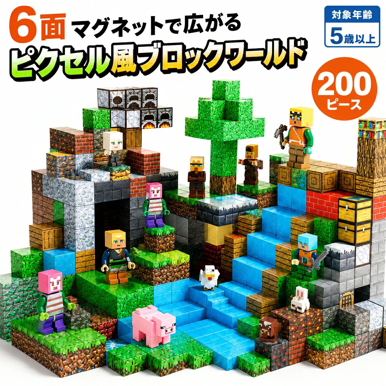 【送料無料】ママグネットキューブブロック 磁石ブロック ピクセル風 ブロック玩具 5歳以上 知育玩具 立体パズル ABS素材 200種類以上の柄 ミニフィギュア付き 収納ケース付き 子供 おもちゃ 男の子 女の子 誕生日 プレゼント クリスマス ギフト